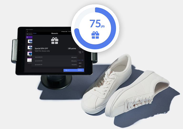 iPad ePOS with loyalty points icon and pair of shoes next to it