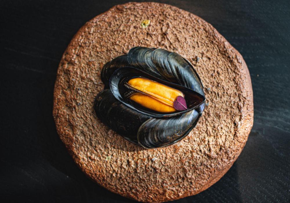 A textured brown plate topped with mussels