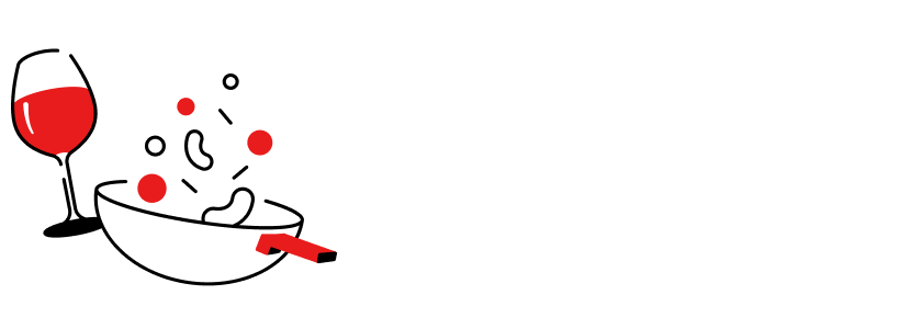 A black, red and white illustration of a pan with food in it and a glass of red wine