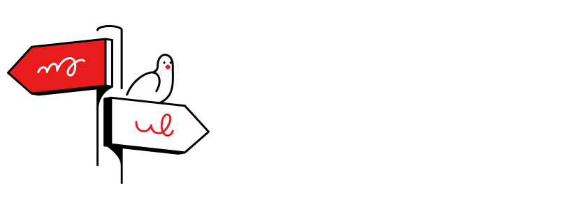 A black, red and white illustration of a bird sat on an arrow sign