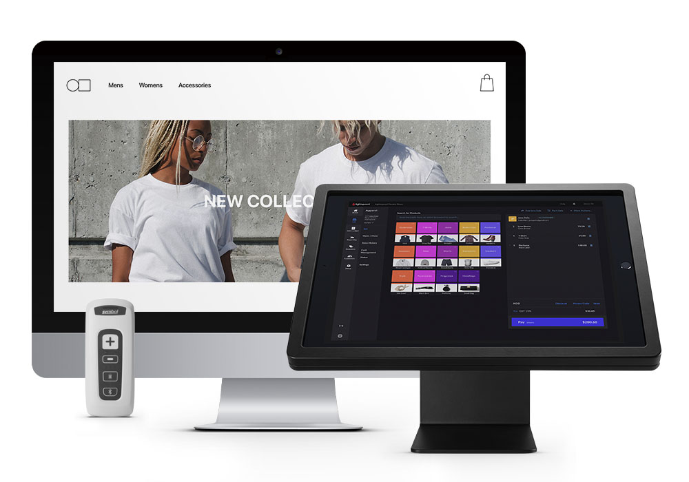 Computer screen showing fashion webshop next to an iPad showing the Lightspeed Retail POS user interface.