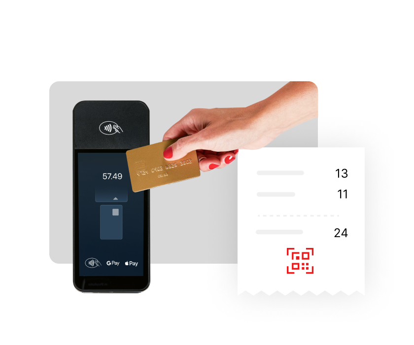 A black payments terminal with someone holding a gold card and tapping it on the screen